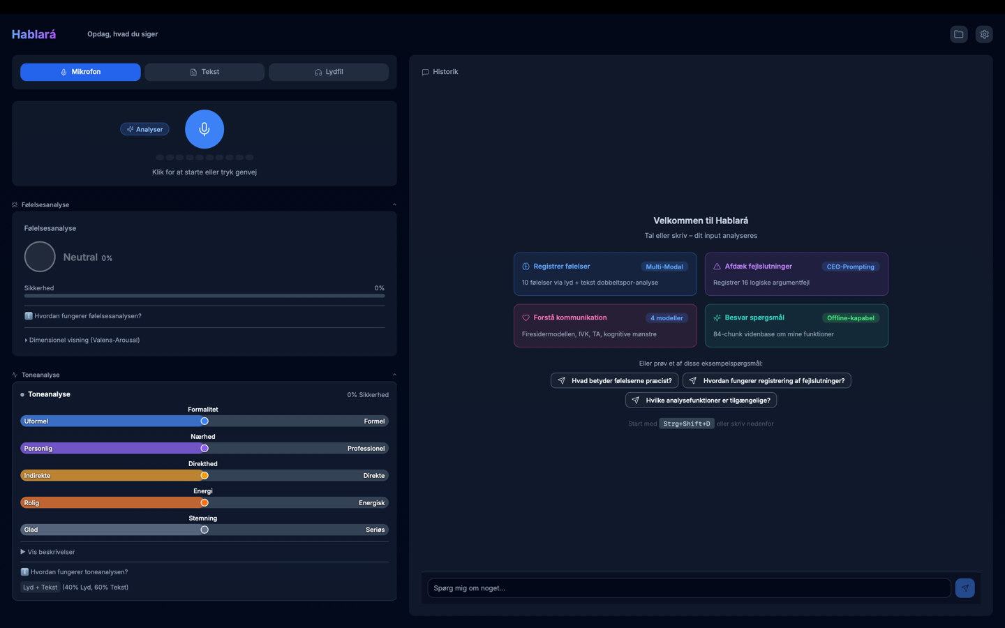 Skærmbillede af Hablará-appen – Følelsesanalyse og IA-kommunikationsanalyse