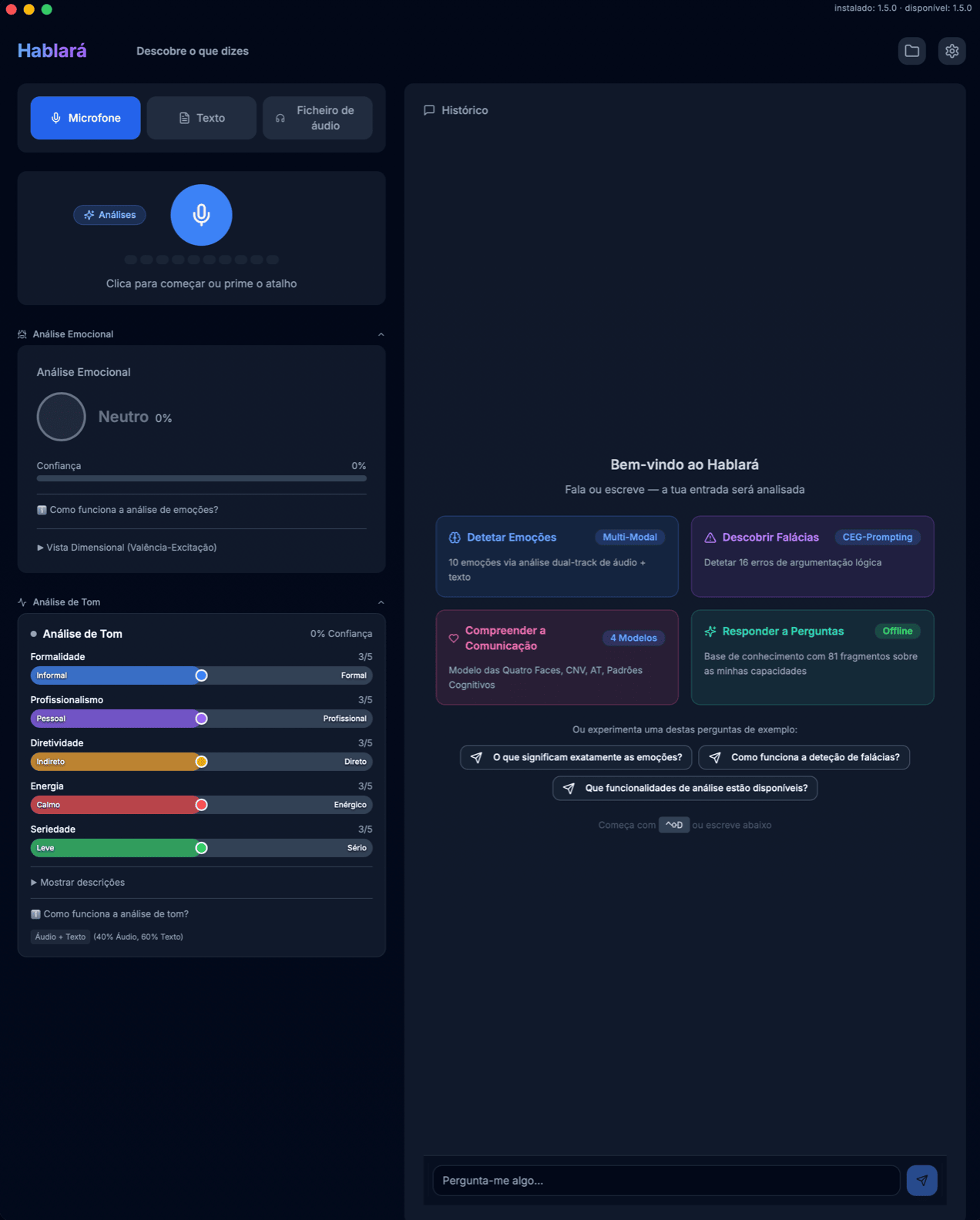 Captura de ecrã da app Hablará – Análise de Emoções e Análise de Comunicação com IA