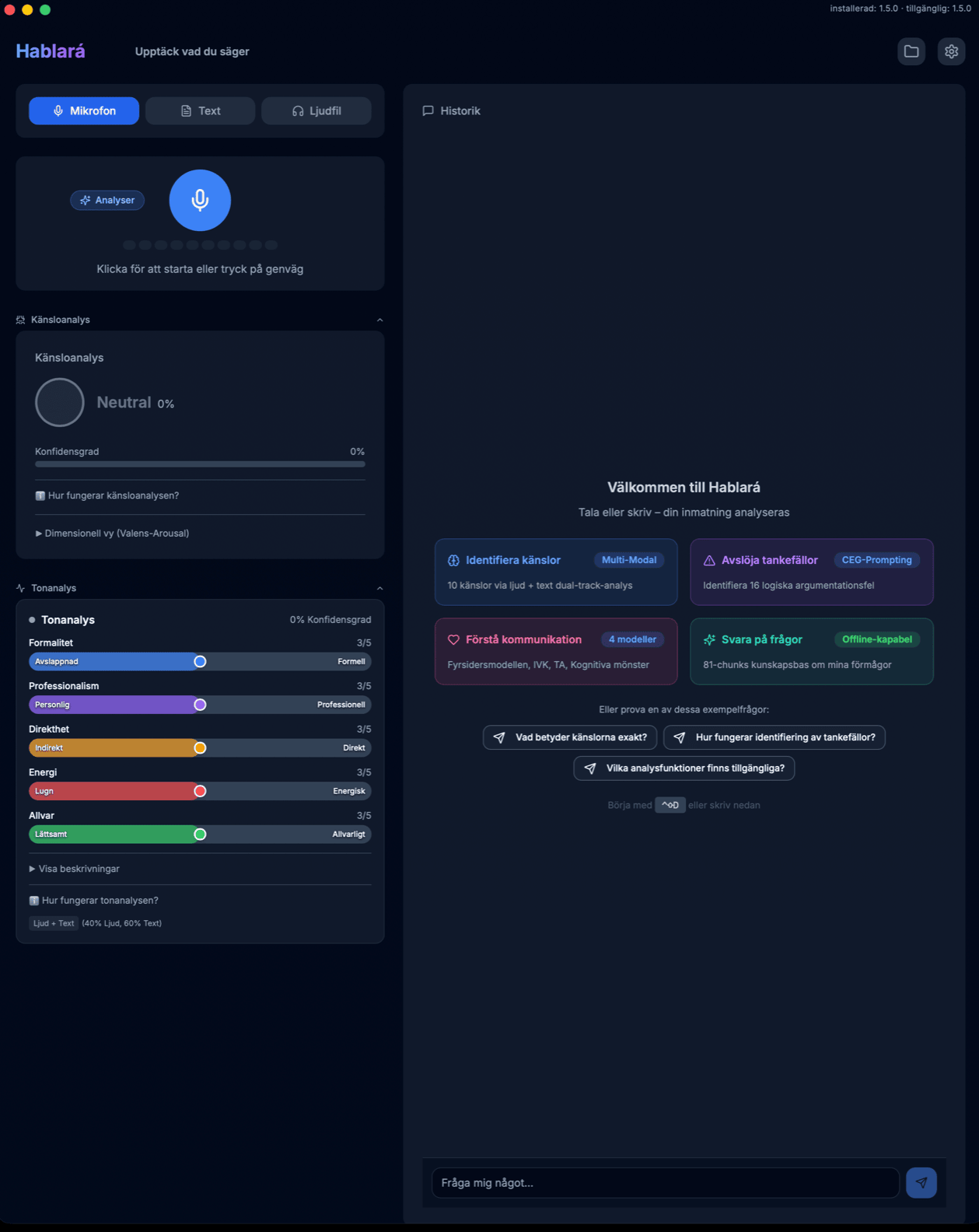 Skärmbild av Hablará-appen – Känsloanalys och IA-kommunikationsanalys