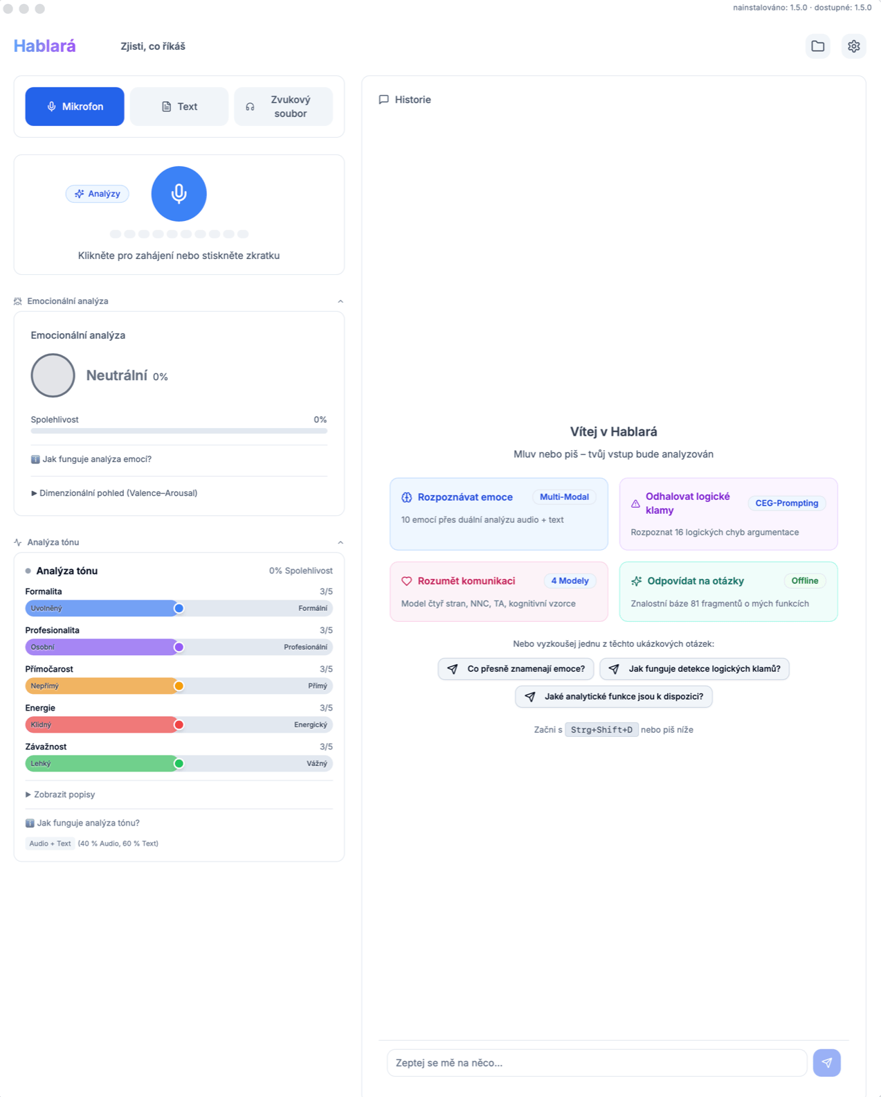 Snímek obrazovky aplikace Hablará – Analýza emocí a IA analýza komunikace