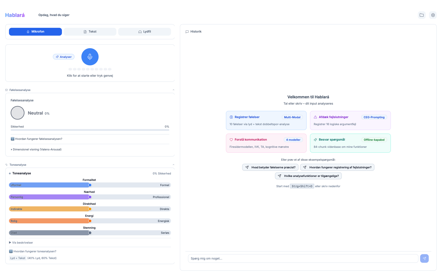Skærmbillede af Hablará-appen – Følelsesanalyse og IA-kommunikationsanalyse