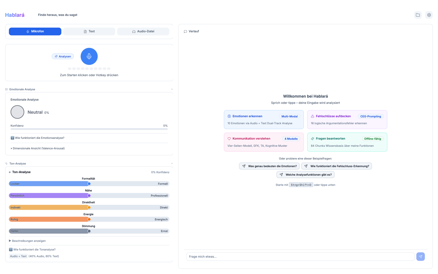 Hablará Desktop-App Screenshot - Emotionsanalyse und KI-gestützte Kommunikationsanalyse