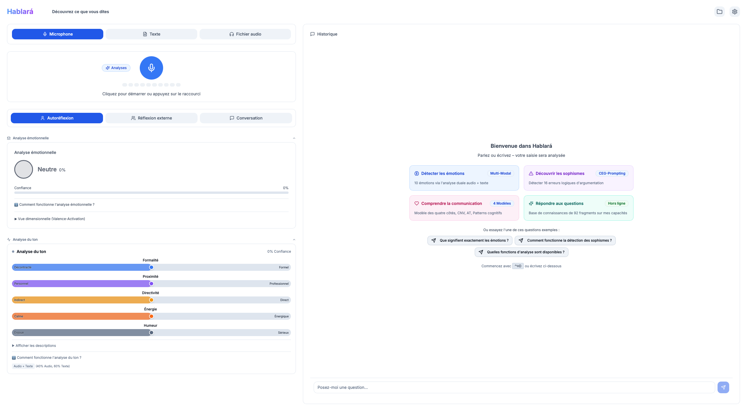 Capture d'écran de l'app Hablará - Analyse des Émotions et Analyse de Communication IA