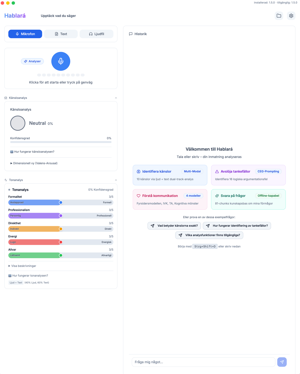 Skärmbild av Hablará-appen – Känsloanalys och IA-kommunikationsanalys